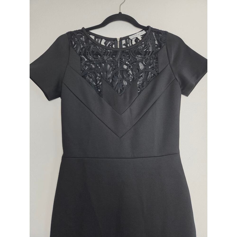 Sandro Black Mini Dress 4 Small Sheath Pencil Short Sleeves Lace Yoke - Picture 4 of 13